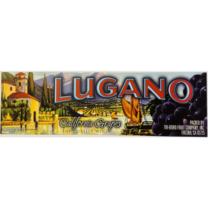 Vintage 1980s Lugano grapes crate label from Tri-Boro Fruit on a classic crate