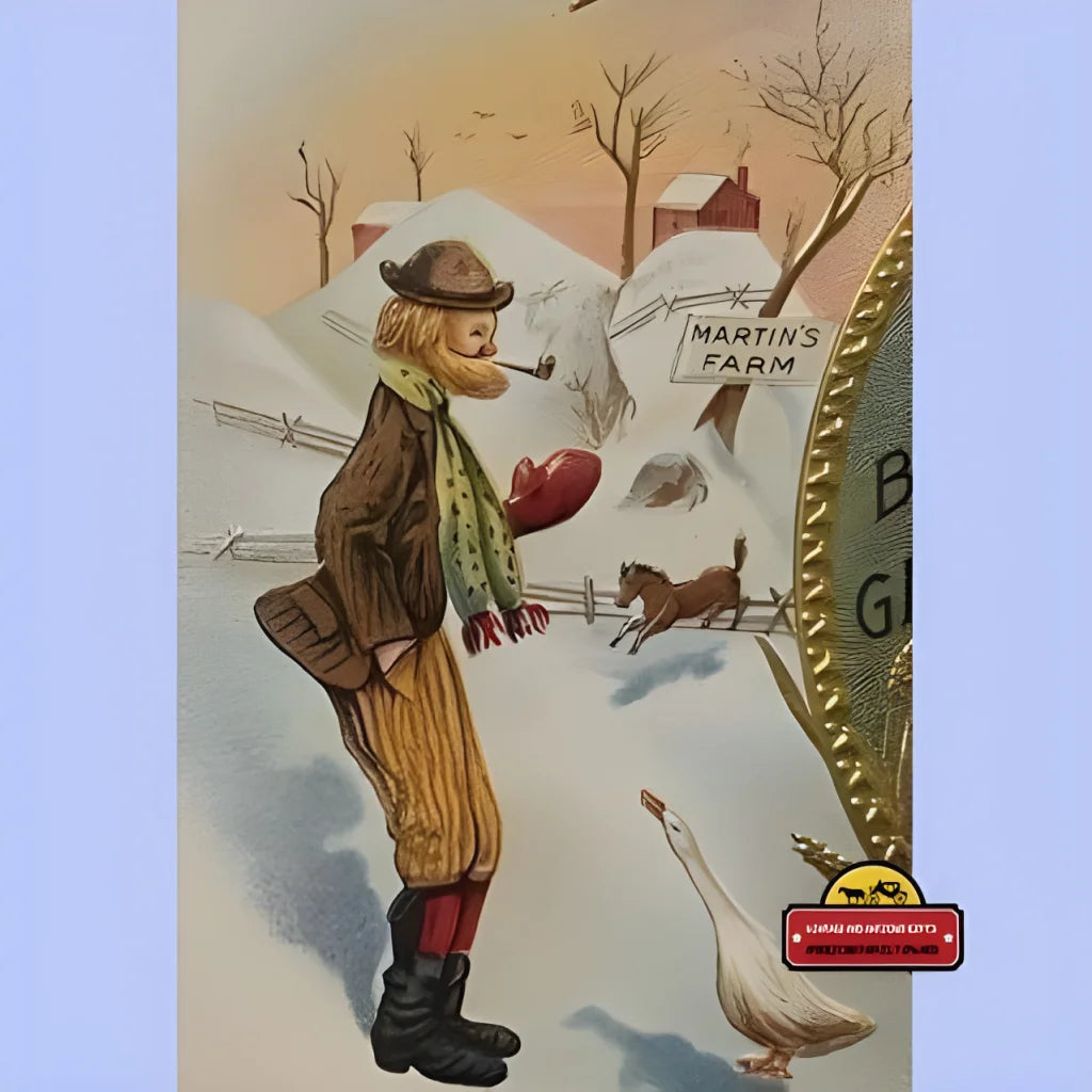 Cartoon character in winter gear with heart and goose on snowy farm, Abe Martin Cigar Label