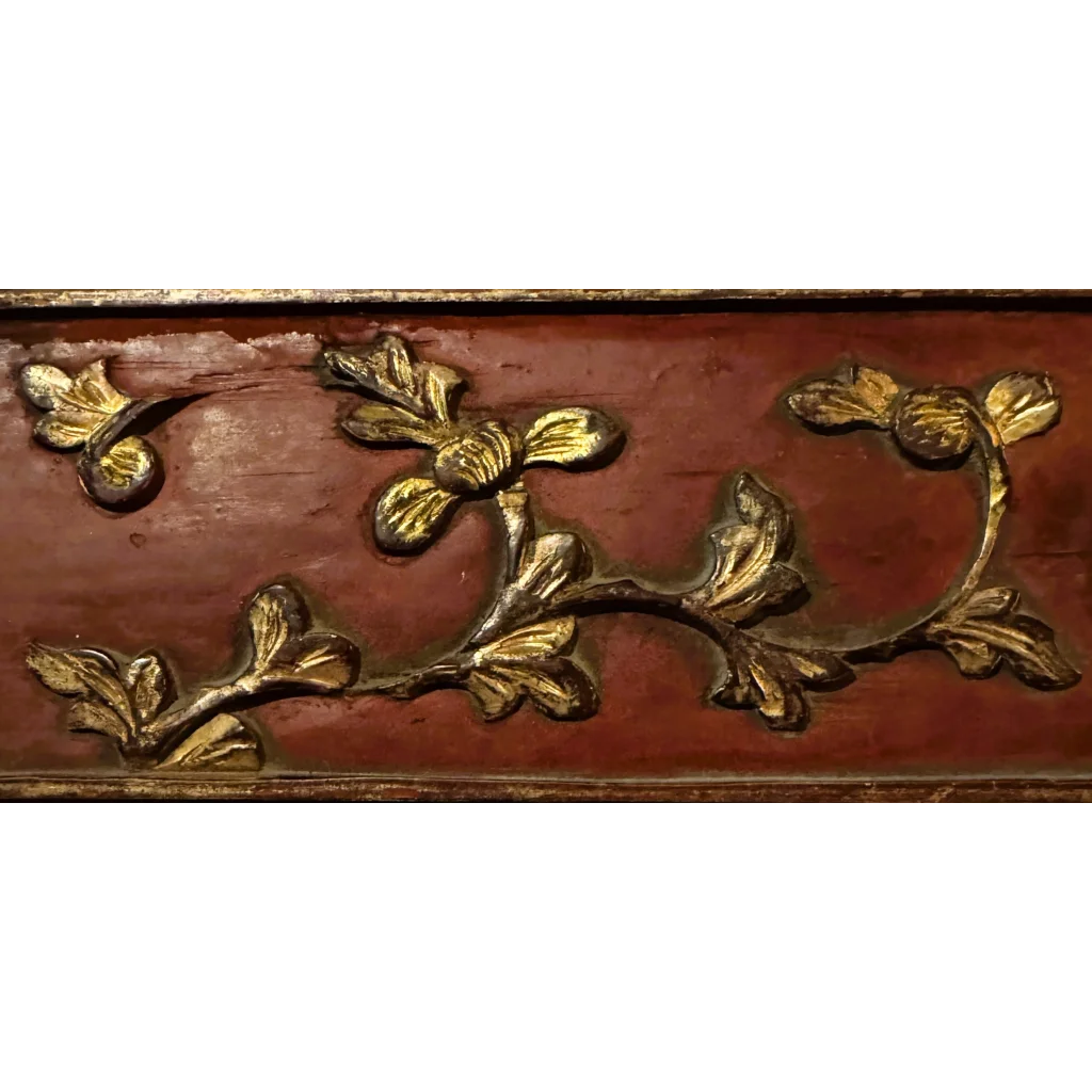 Rare antique 1800s Chinese wood carved panel with gold vine design hardware