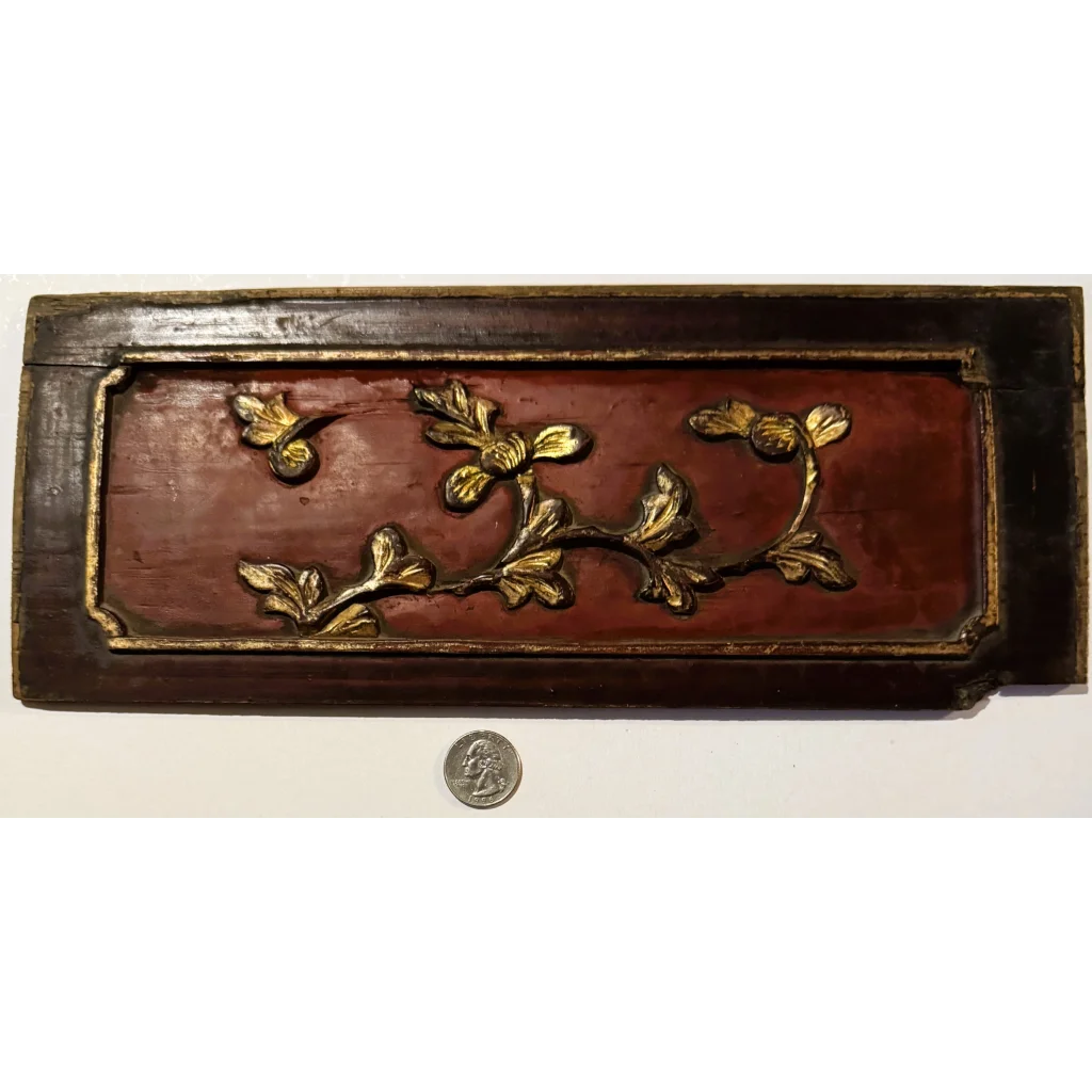 Rare antique 1800s Chinese wood carved panel with gold floral design
