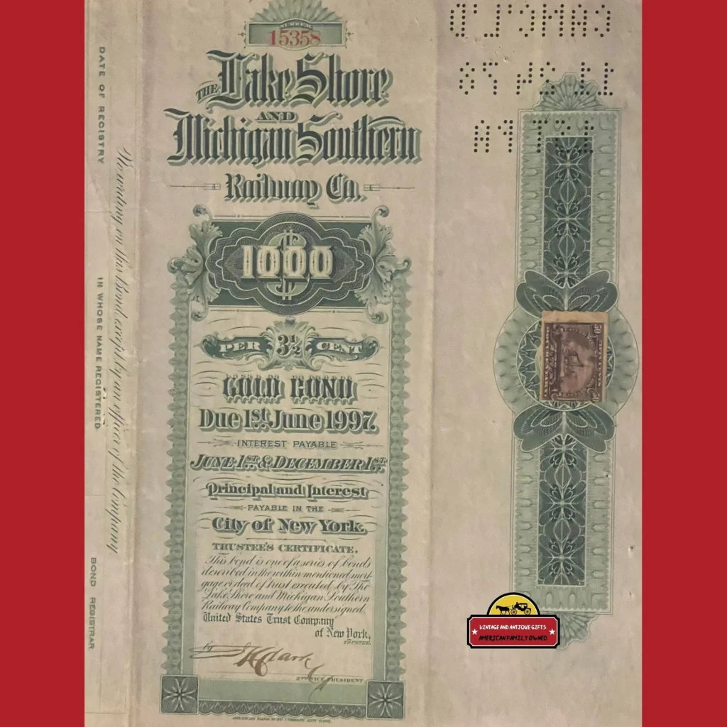 Antique 1897 Lake Shore And Michigan Southern Railroad Company Gold Bond Certificate - Vintage Advertisements - Stock