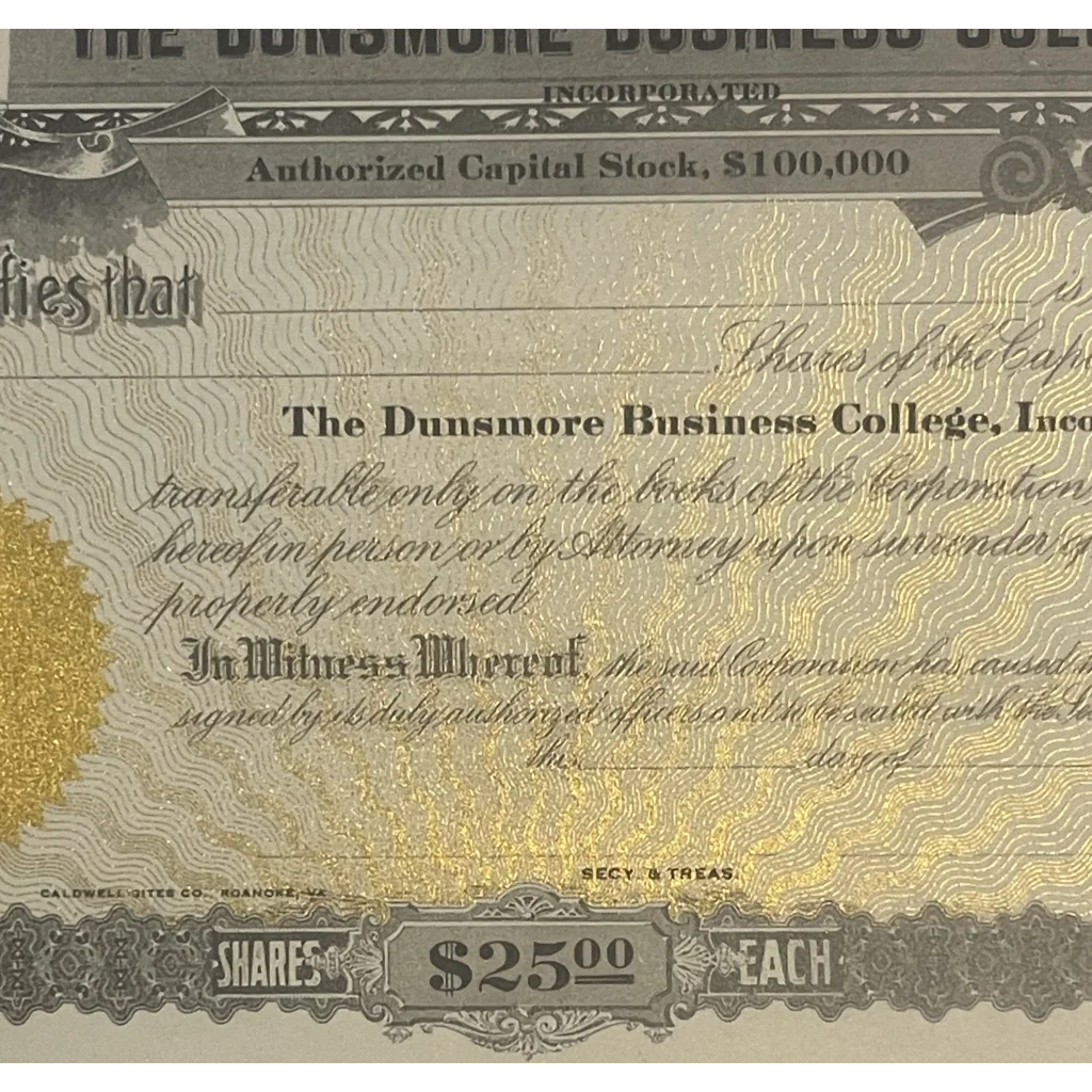 Rare Antique 1900s Dunsmore Business College Stock Certificate Staunton VA Collectibles Vintage and Bond Certificates
