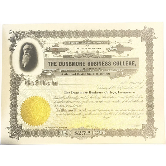 Rare Antique 1900s Dunsmore Business College Stock Certificate Staunton VA Collectibles Vintage and Bond Certificates