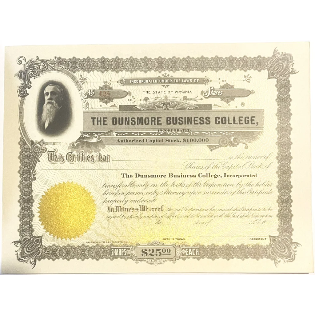 Rare Antique 1900s Dunsmore Business College Stock Certificate Staunton VA Collectibles Vintage and Gifts Home page