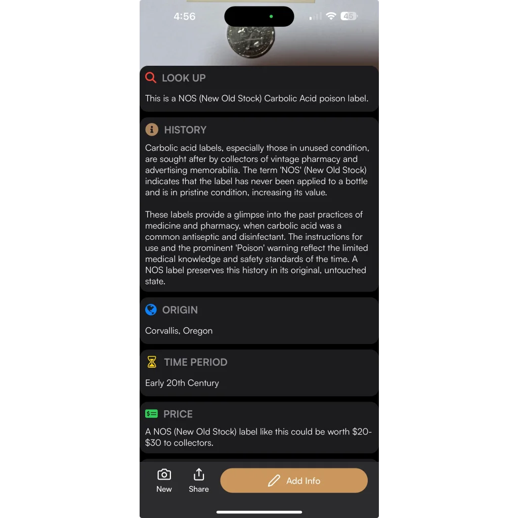 Unused antique 1910s carbolic acid poison label from Oregon Drug Store display