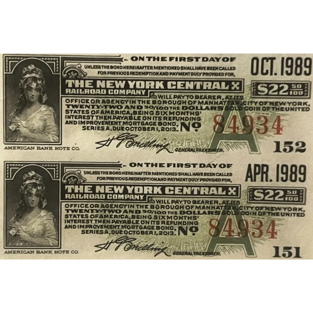 Rare Antique 1913 New York Central Railroad Company Gold Bond Certificate Grand Station Vintage Advertisements NY Co.
