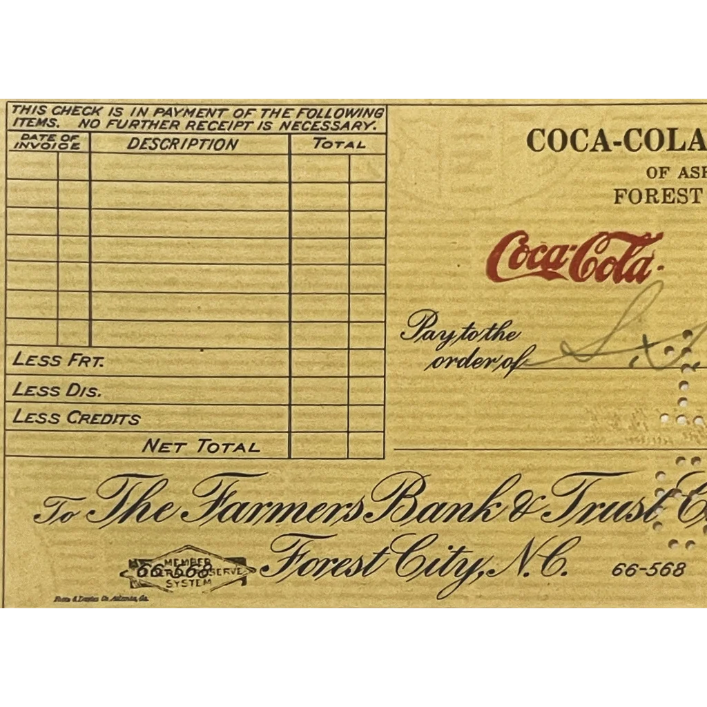 Rare Antique 1921 - 1922 🥤 Coke Coca Cola Bottling Co. Check Asheville NC Collectibles Vintage and Gifts Home page