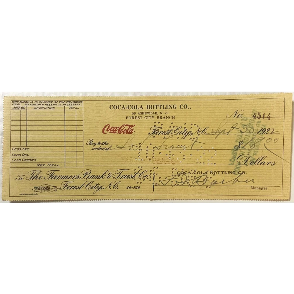 Vintage Coca-Cola check from 1922, a rare antique find from Asheville NC