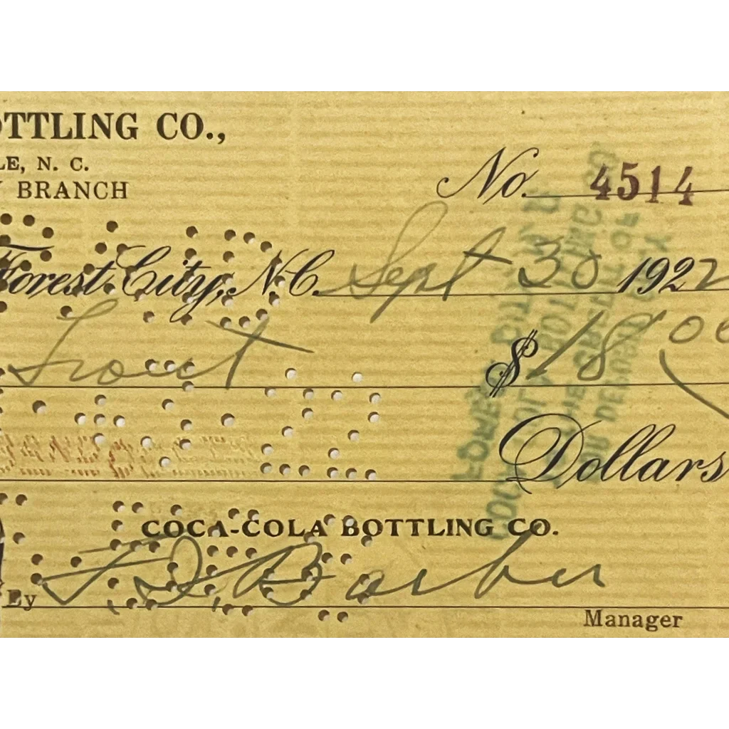 Rare antique Coca Cola check from 1922, a vintage treasure from Asheville, NC