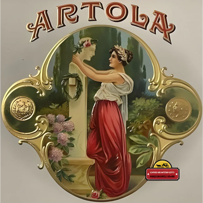 Vintage Artola Cigar label features a classical woman in a red skirt with a glass