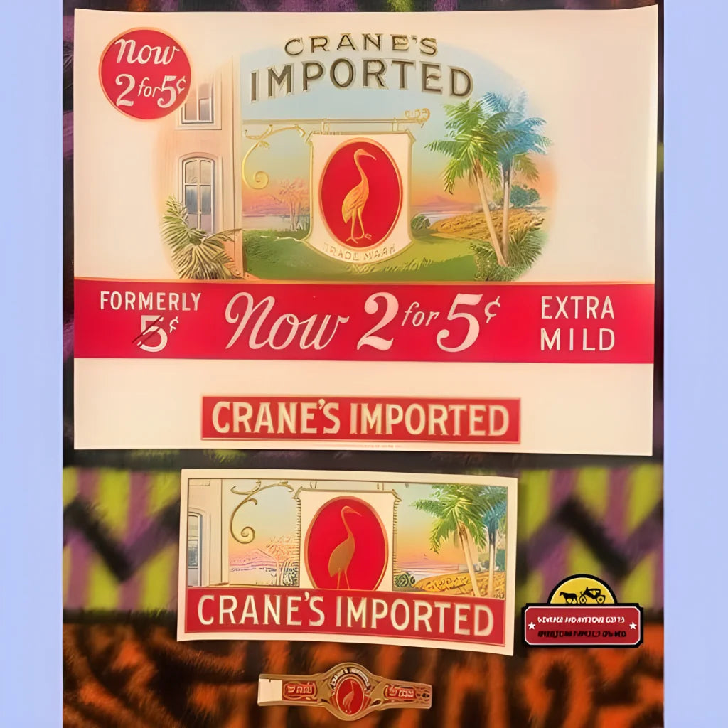 Vintage Crane’s Imported cigar labels with red crane logo and tropical vibes