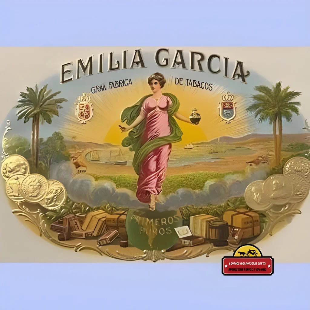 Vintage Emilia Garcia embossed cigar label with a woman in pink dress, palm trees, and tobacco