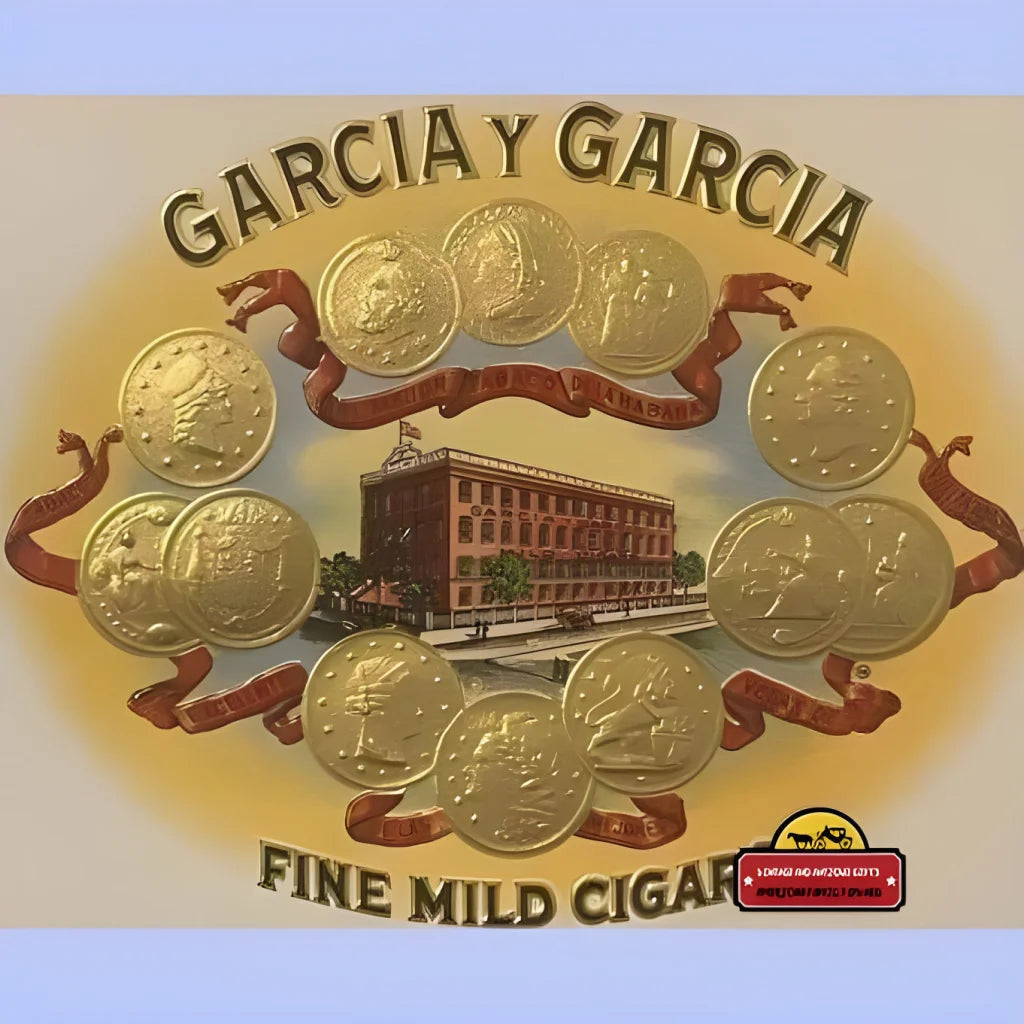 Vintage Garcia y Garcia embossed cigar label showcasing gold coins and a building design