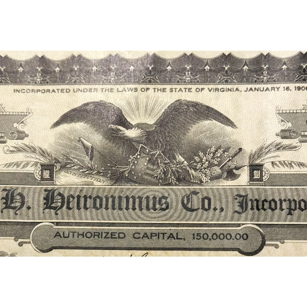 Vintage Heironimus stock certificate with eagle design and ornate typography