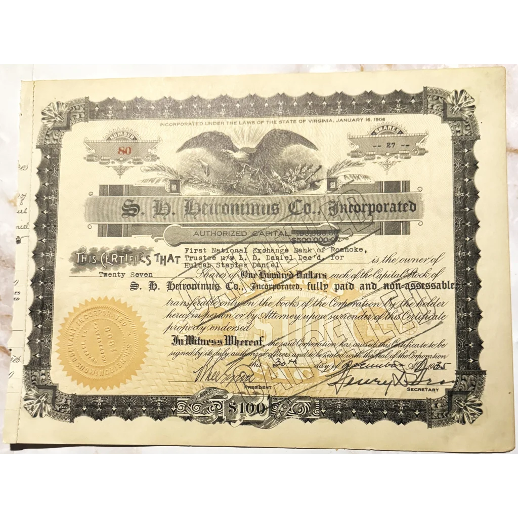 Vintage Heironimus Stock Certificate featuring an eagle and ornate border design