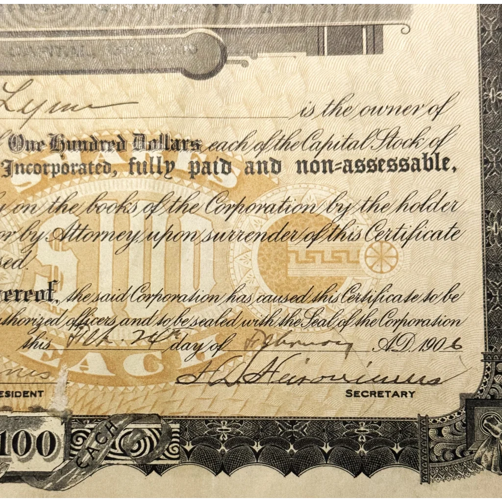 Antique Heironimus stock certificate showcasing decorative details and vintage text