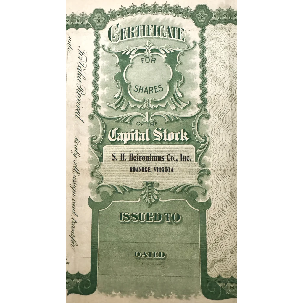 Certificate of Capital Stock for S. H. Heironimus Co., Inc. from Roanoke, Virginia