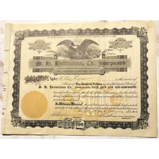 Vintage Heironimus stock certificate featuring an eagle and ornate border design