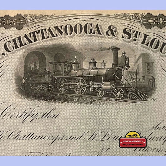 Vintage Rare Antique Nashville Railroad Stock Certificate with Engraved Steam Locomotive