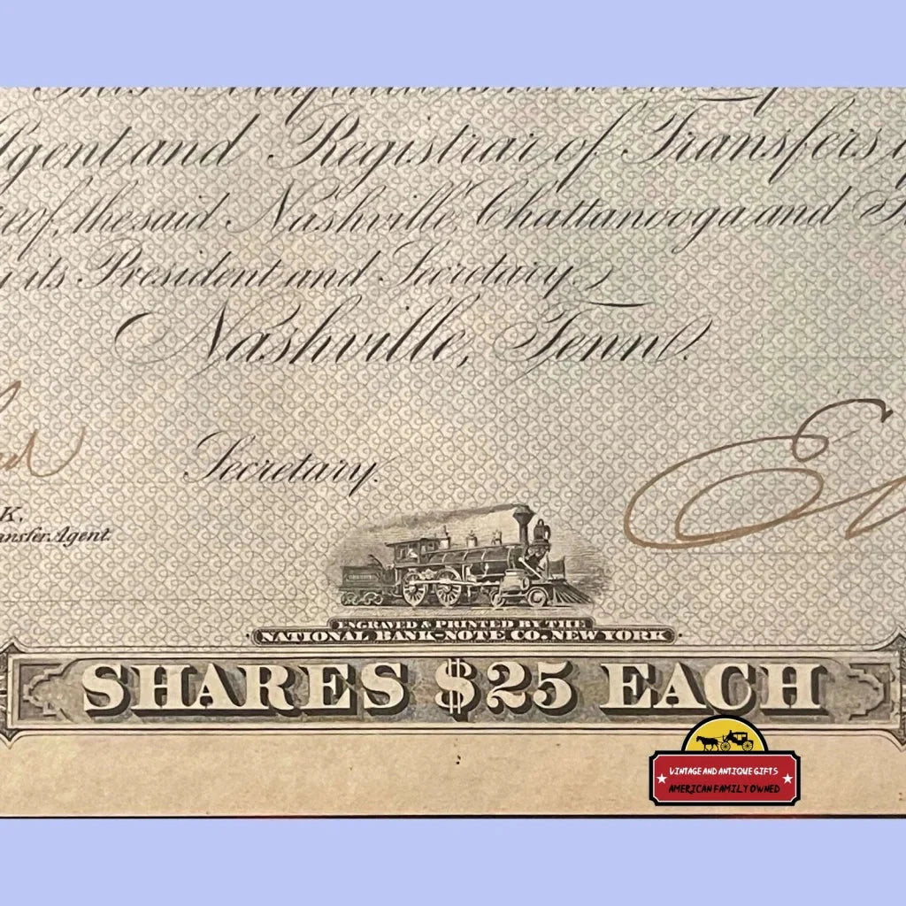 Rare antique Nashville Railroad stock certificate with steam locomotive illustration