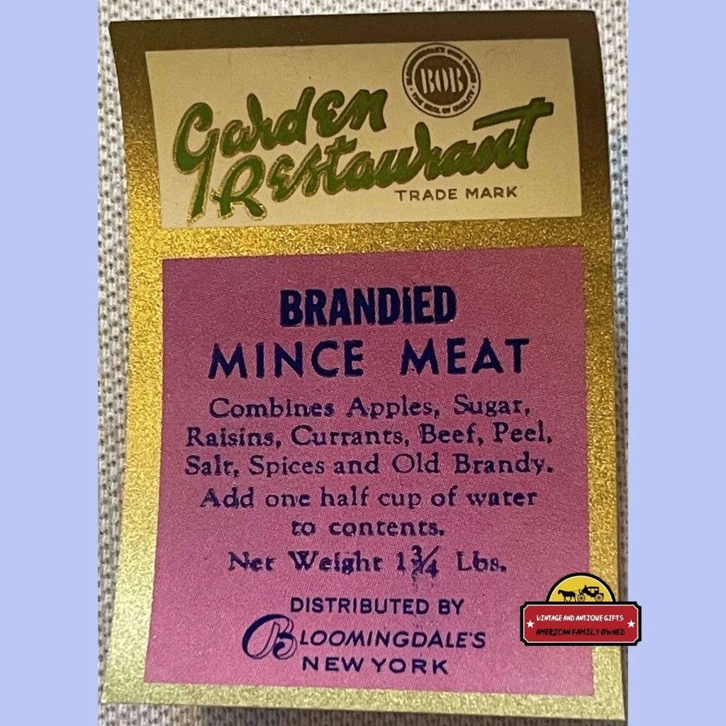 Rare Antique Vintage 1910s - 1930s Golden Restaurant Mince Meat Label Bloomingdales NY Advertisements Food and Home