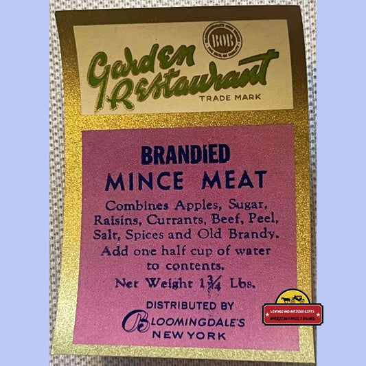 Very Rare Antique Vintage Golden Restaurant Bloomingdales Ny Mince Meat Label 1910s - 1930s - Advertisements - Food