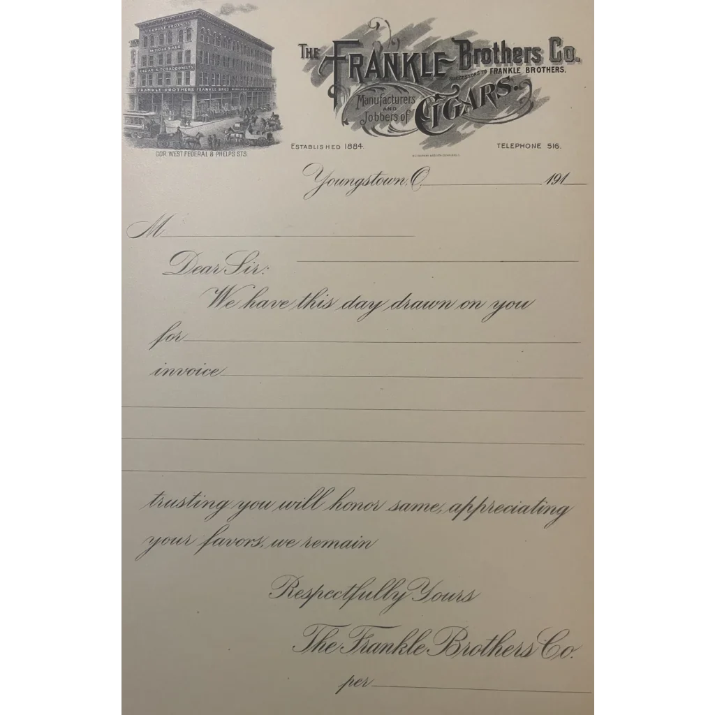 Vintage 1910s Frankle Brothers Co. Cigars letterhead showcasing their iconic building illustration