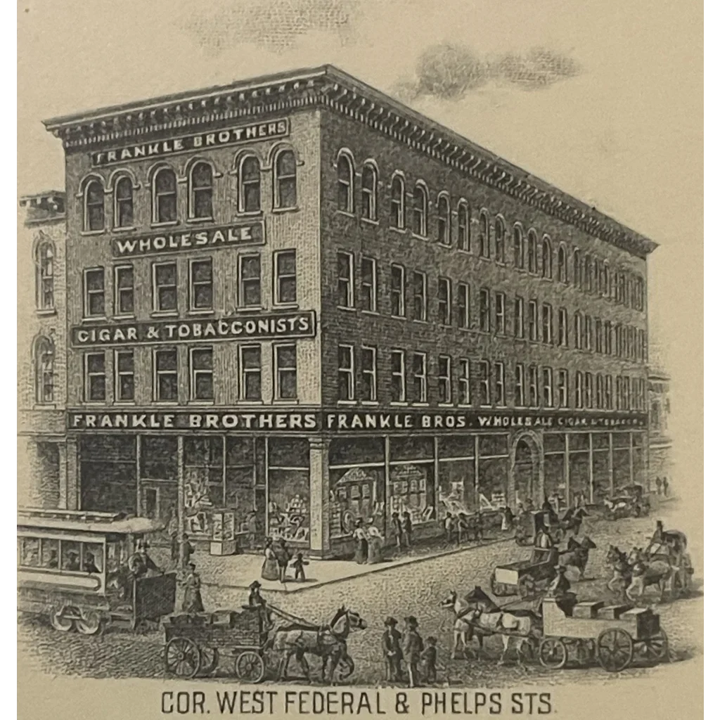 Four-story brick building with arched windows for vintage 1910s Frankle Brothers Cigar Co