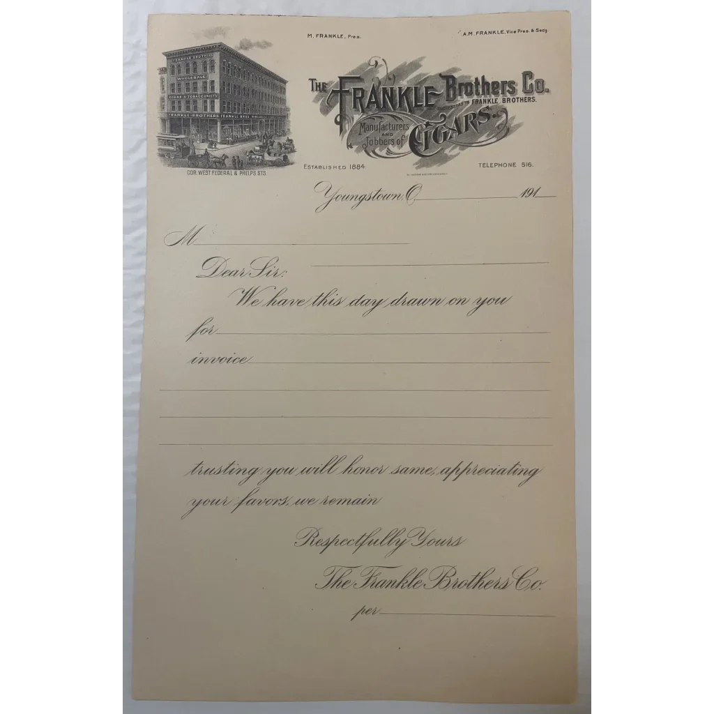 Vintage 1910s Frankie Brothers Co. invoice showcasing a charming building illustration