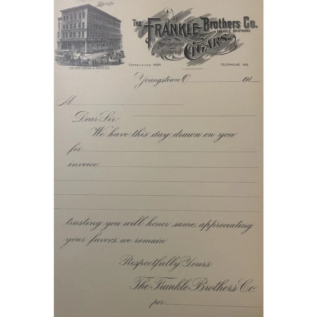 Rare Antique Vintage 1910s Frankle Brothers Cigar Co. Invoice Youngstown OH Collectibles Tobacco and Labels | Tobacciana