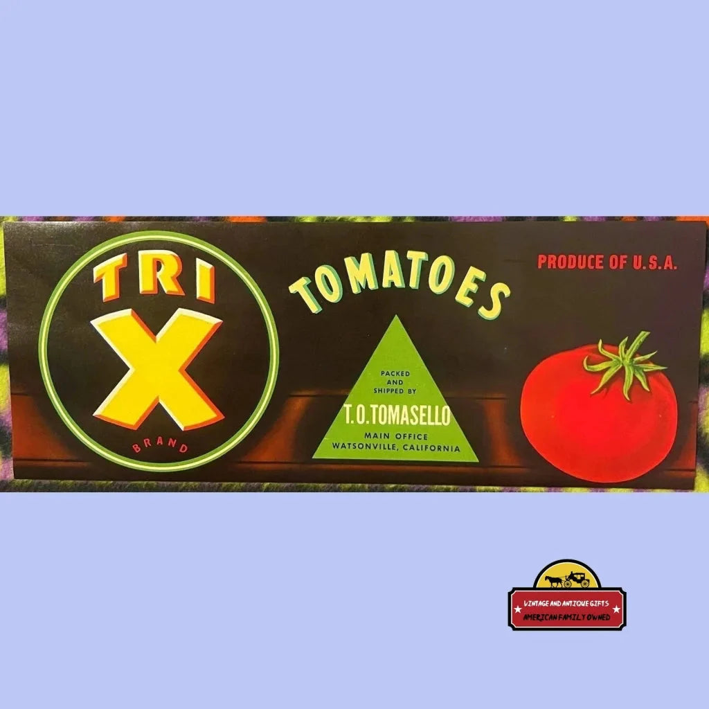 Antique vintage Tri X crate label from the 1920s featuring bold tomato illustration