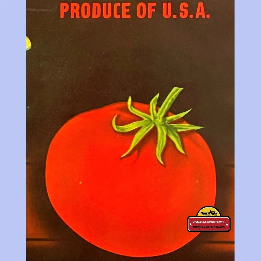 Bright red tomato with green stem on Rare Antique Vintage Tri Crate Label from 1920s California