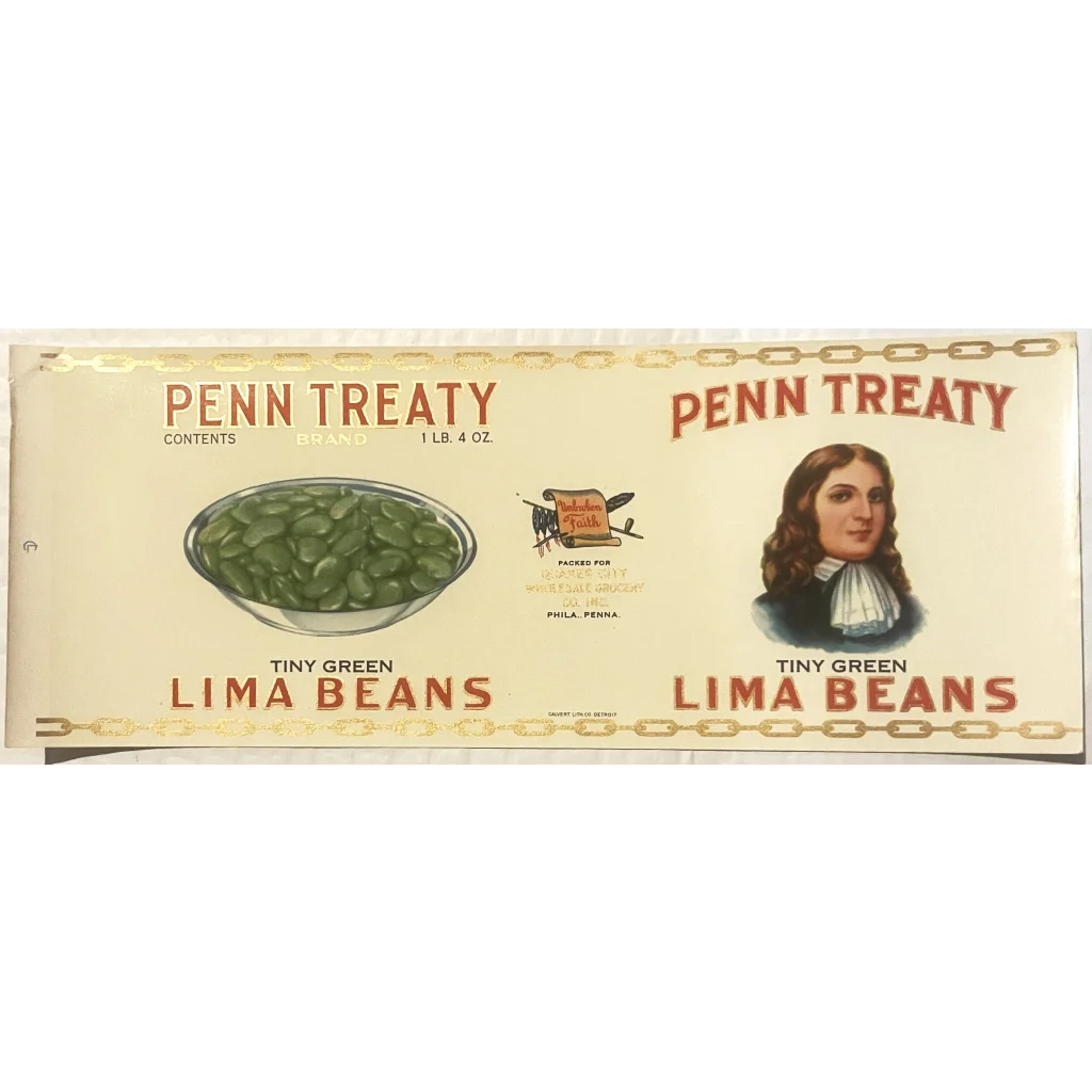 Rare Antique Vintage 1930s Penn Treaty Can Label Philadelphia PA Patriotic! Advertisements