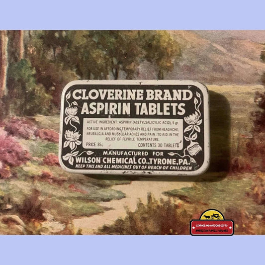 Rare Antique Vintage 1940s Cloverine Aspirin Tin Tyrone PA Advertisements and Gifts Home page - A Piece of American