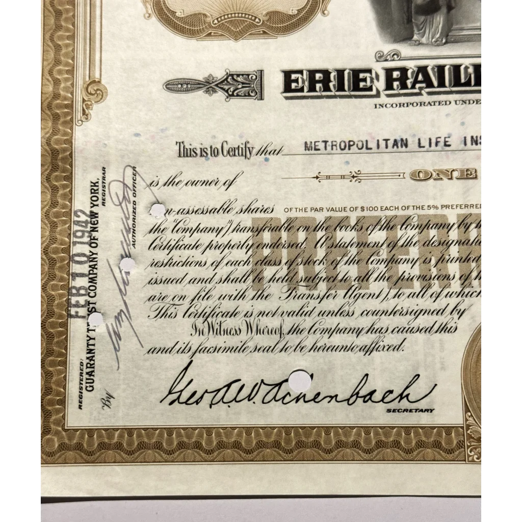 Ornate 1940s Erie Railroad Stock Certificate with official signature and decorative borders