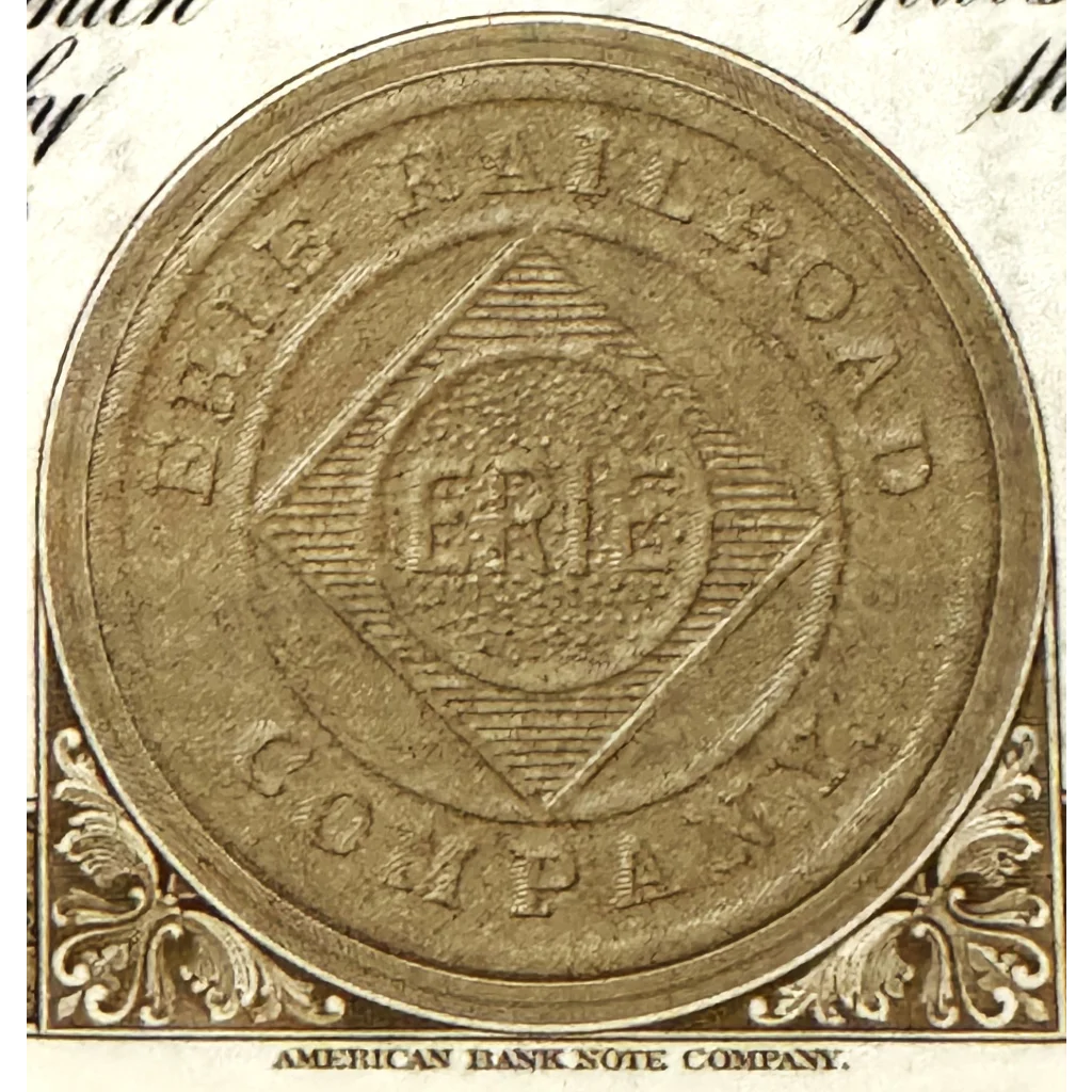 Circular coin for 1940s Erie Railroad Stock Certificate with diamond design