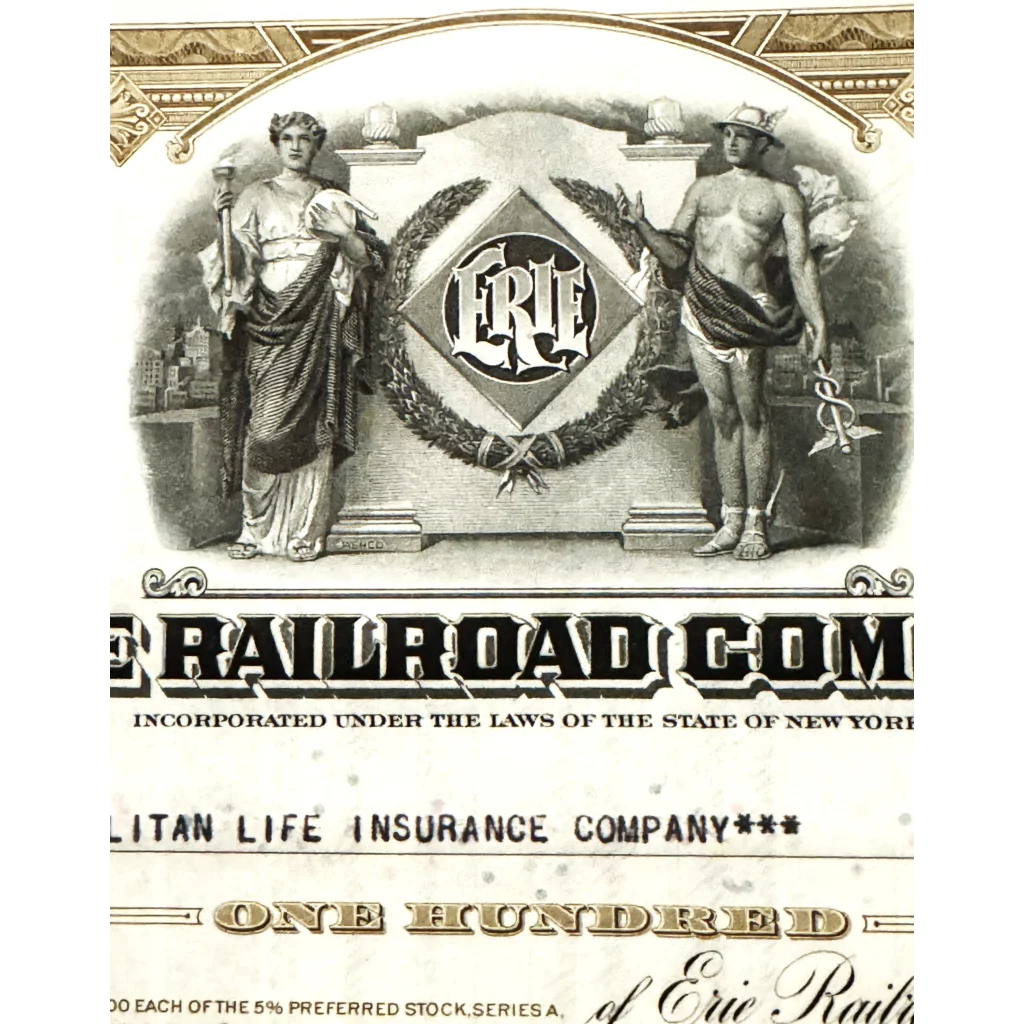 Vintage 1940s Erie Railroad stock certificate featuring ornate design and classical figures