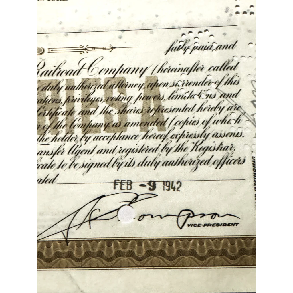 Portion of a 1940s Erie Railroad Stock Certificate with cursive text and signature