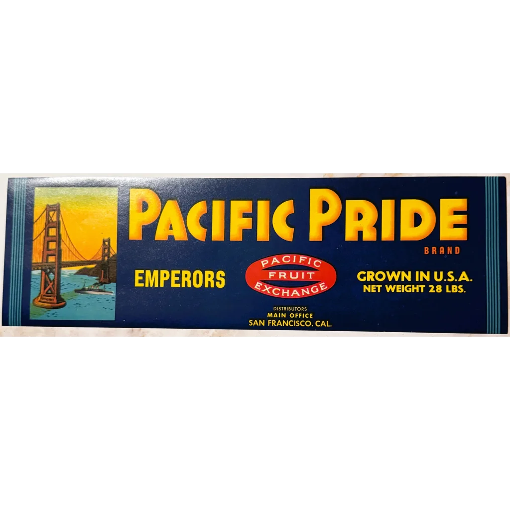 Vintage Pacific Pride crate label with Golden Gate Bridge at sunset, 1940s San Francisco