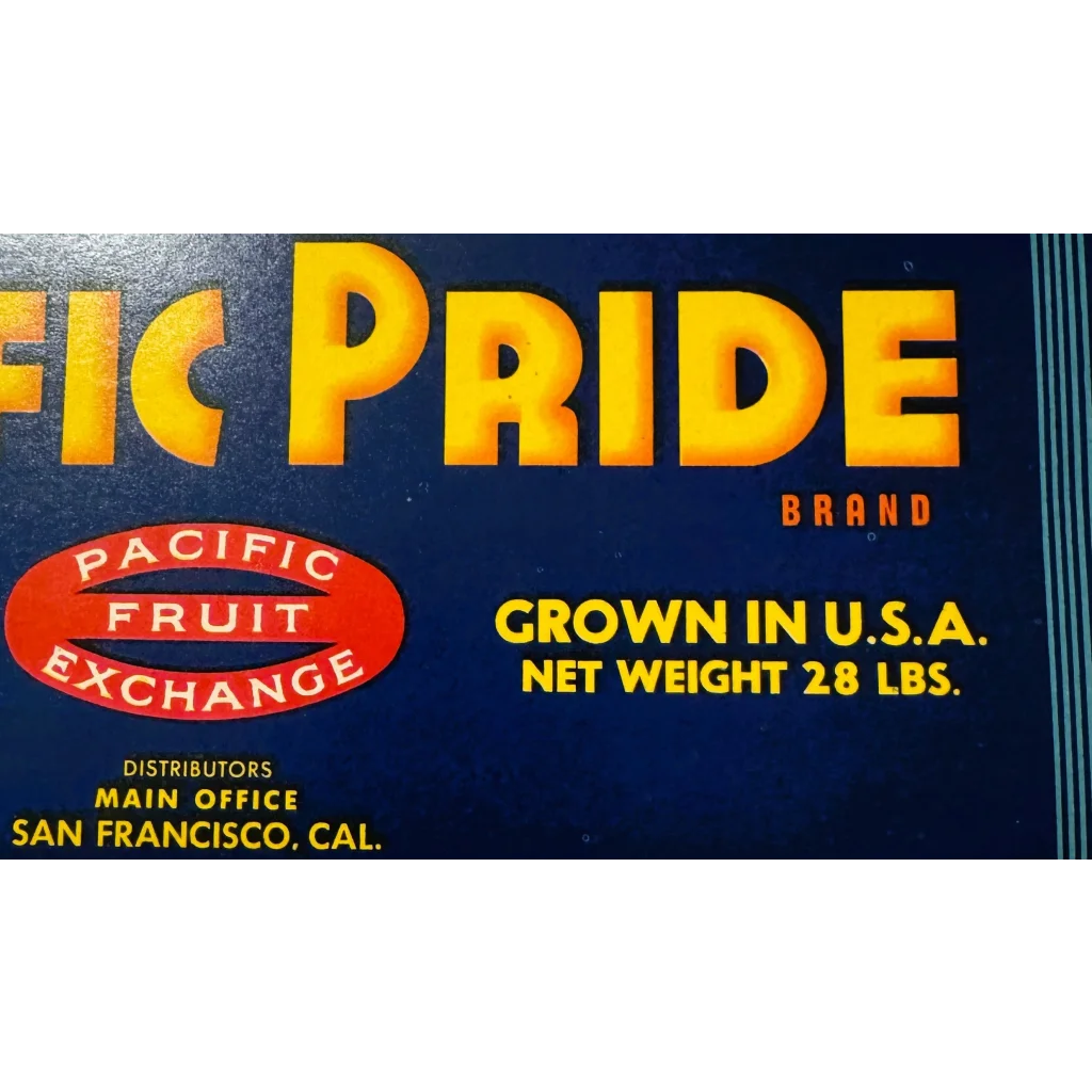 Vintage Pacific Pride fruit crate label with bold yellow text and red oval logo