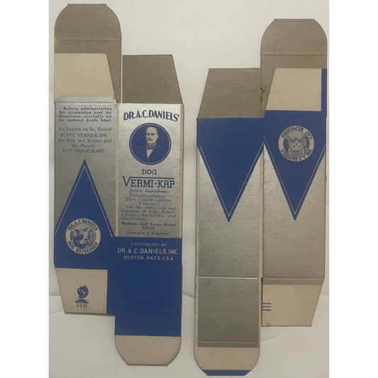 Unfolded cardboard packaging for Dr A C Daniels Vermouth in a vintage medicine box design