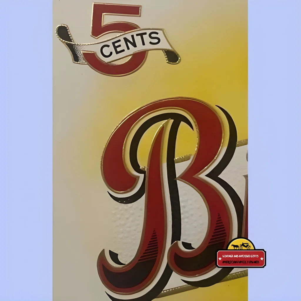 Stylized red letter B with black shading and 5 CENTS in Rare Antique Vintage Big Cigar Label