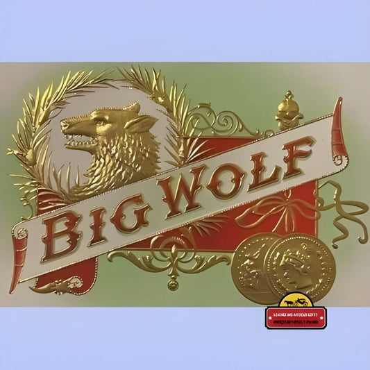 Gold emblem with a wolf’s head, text BIG WOLF, showcasing antique vintage design