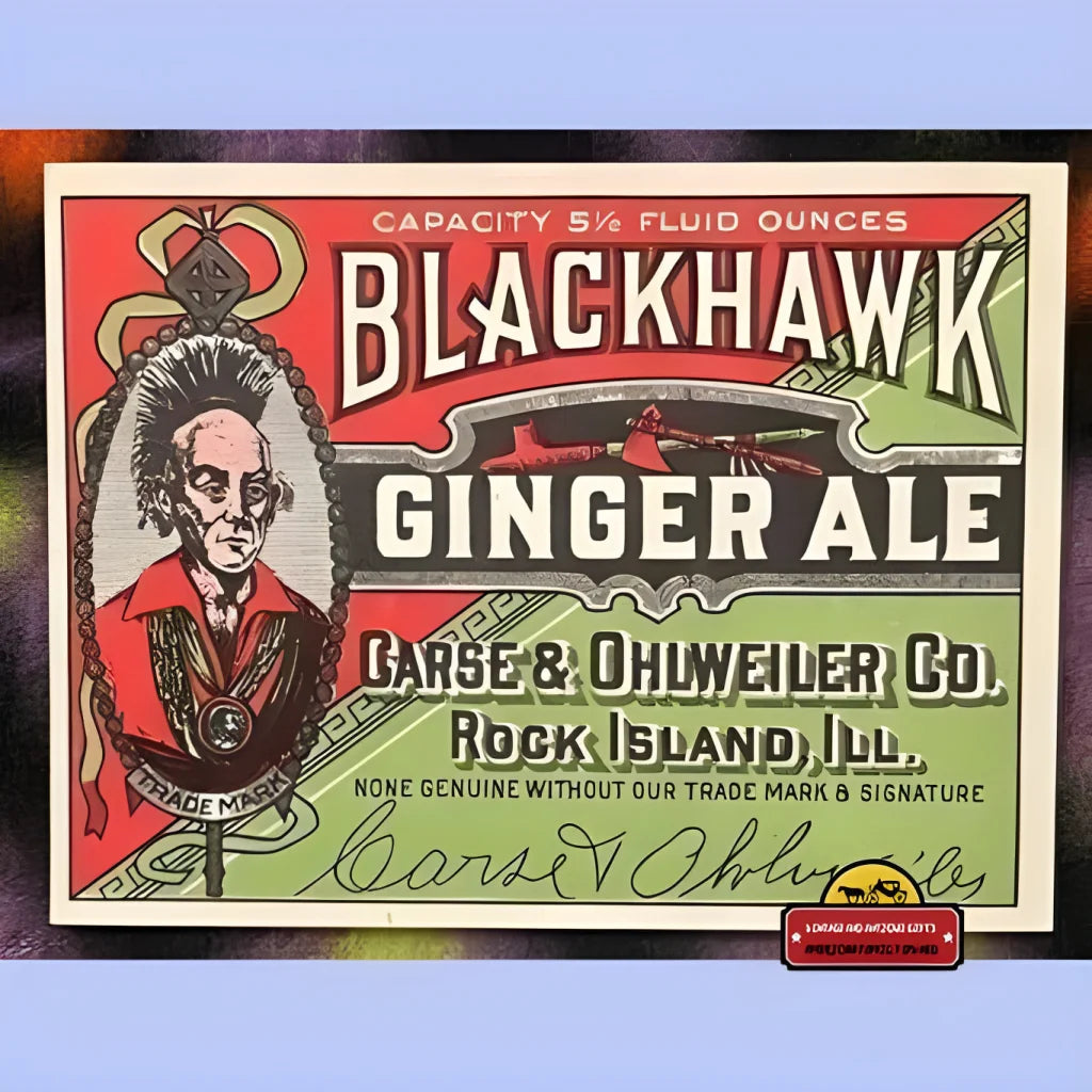 Antique Vintage Blackhawk Ginger Ale label with bold typography and a cool portrait illustration