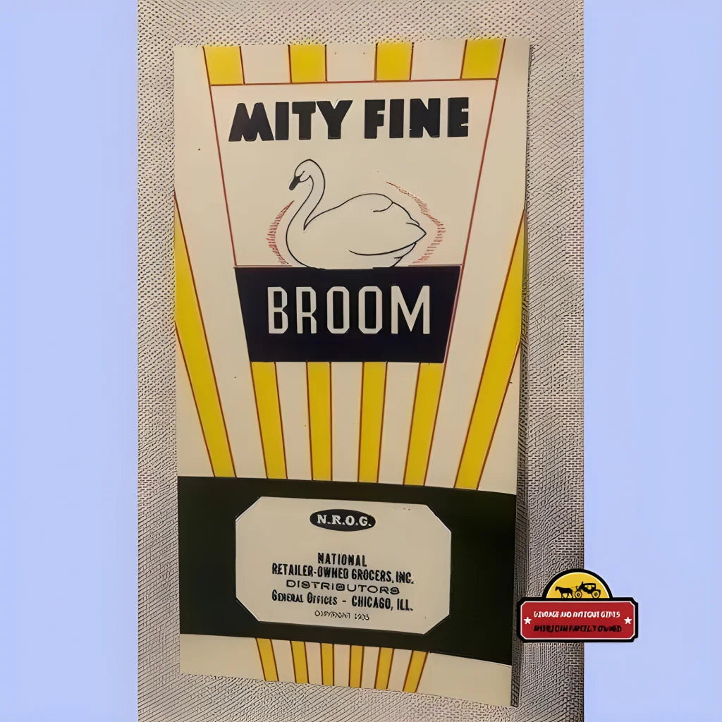 Vintage Mity Fine Broom label with swan logo and yellow stripes adds nostalgic charm