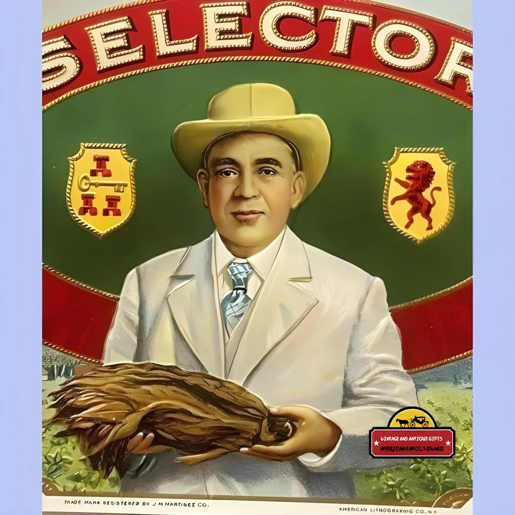 Vintage embossed cigar label with a man in a white suit holding tobacco leaves