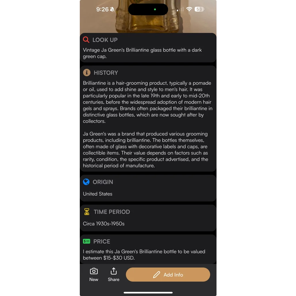 Vintage Ja Green’s collectible bottle brilliantine with dark green lip, a unique antique vintage piece