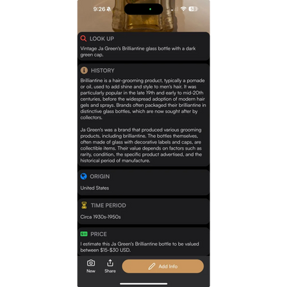 Vintage Ja Green’s collectible bottle brilliantine with dark green lip, a unique antique vintage piece