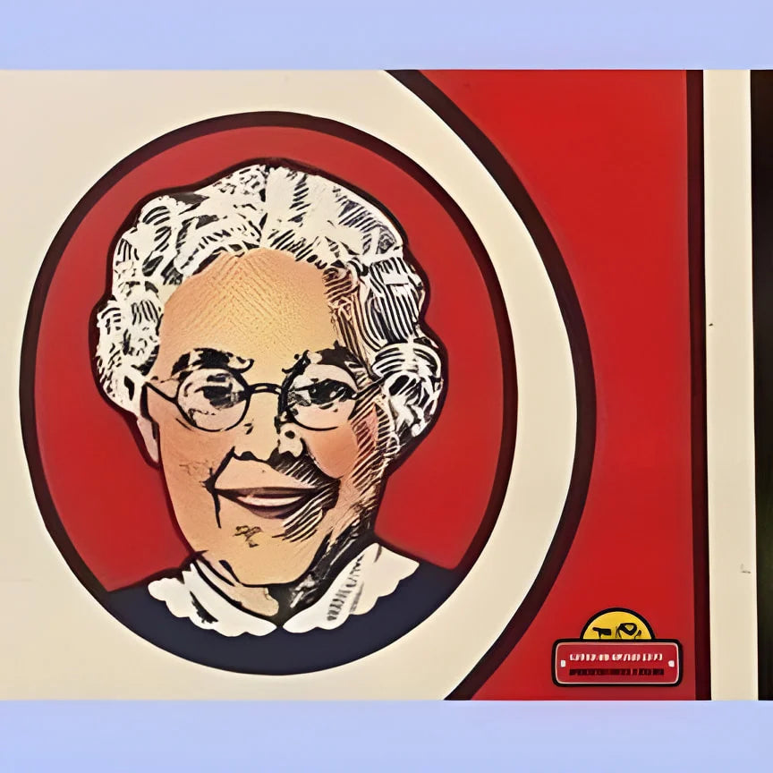 Elderly woman with glasses in circular frame, showcasing Vintage Ma’s Maraschino label art