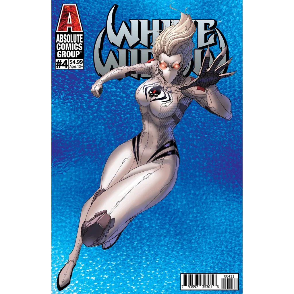 Rare antique superheroine in black white armor with red eyes and spiderweb suit